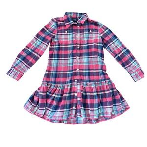 Polo Ralph Lauren Girls Pink Plaid Flannel Button Down Dress Size 6